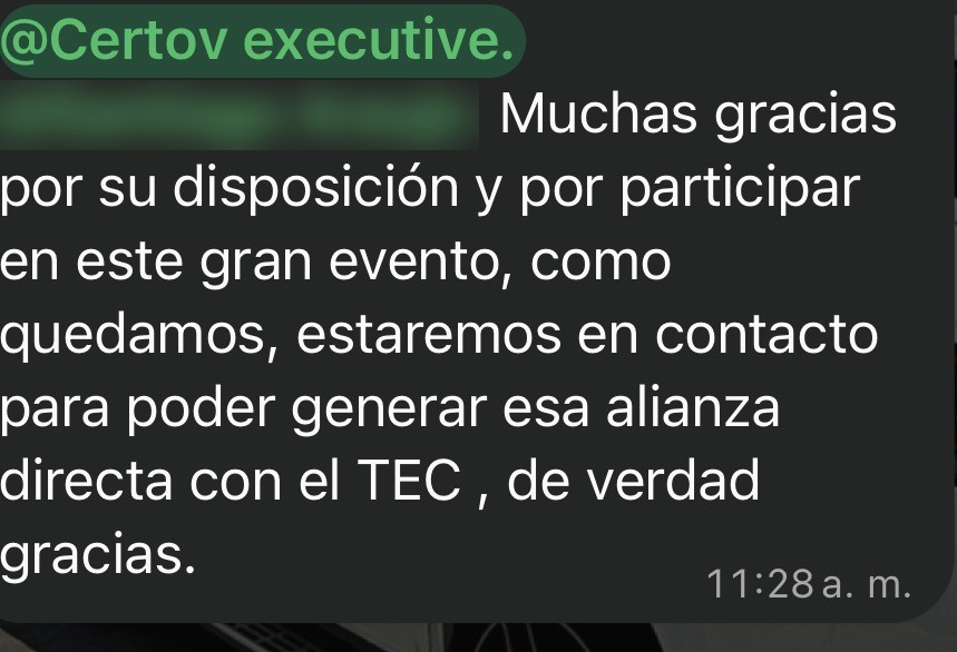 Mensaje de cliente agradeciendo a Certov Executive por participar en un gran evento con el TEC
